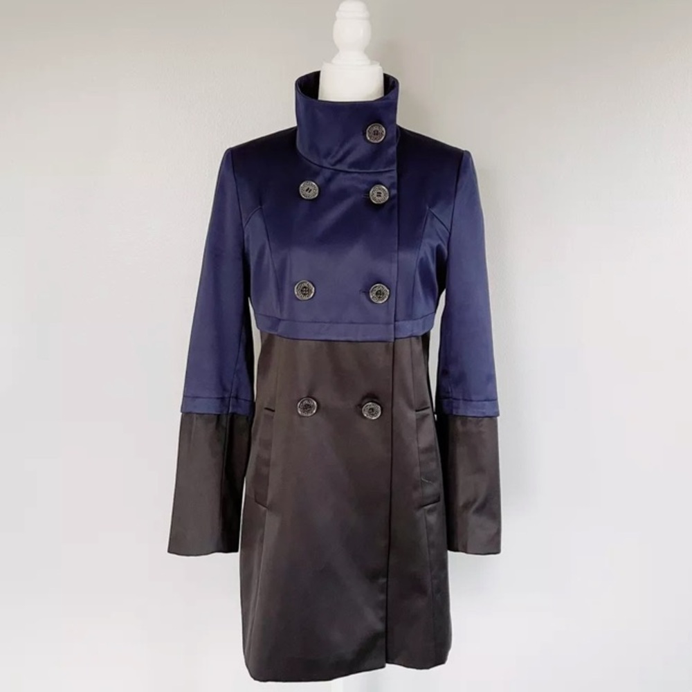 TAHARI Anya Blue / Black Colorblock Satin Women’s Water Resistant Coat (XS) - Picture 4 of 7